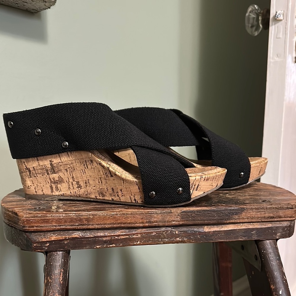 ESPIRIT Oceane Black Elastic Canvas Crossstrap Cork Wedge Slide Sandals